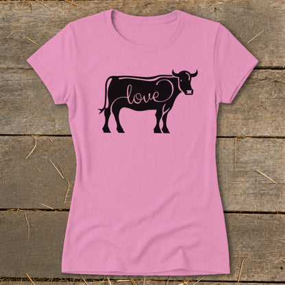 Pink t-shirt with a black cow silhouette filled with the word "love".