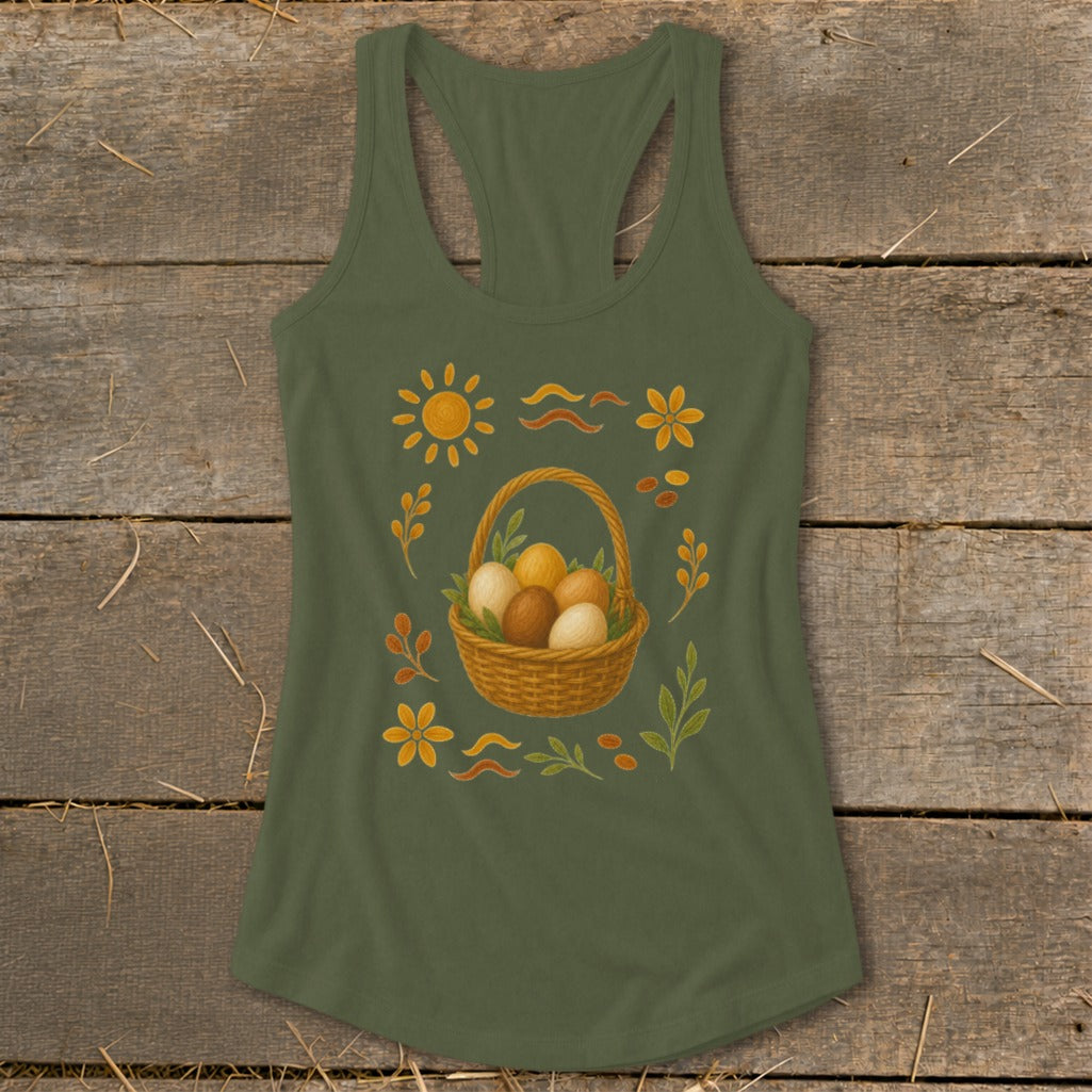 Green tank top with Easter basket and eggs graphic.