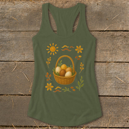 Green tank top with Easter basket and eggs graphic.