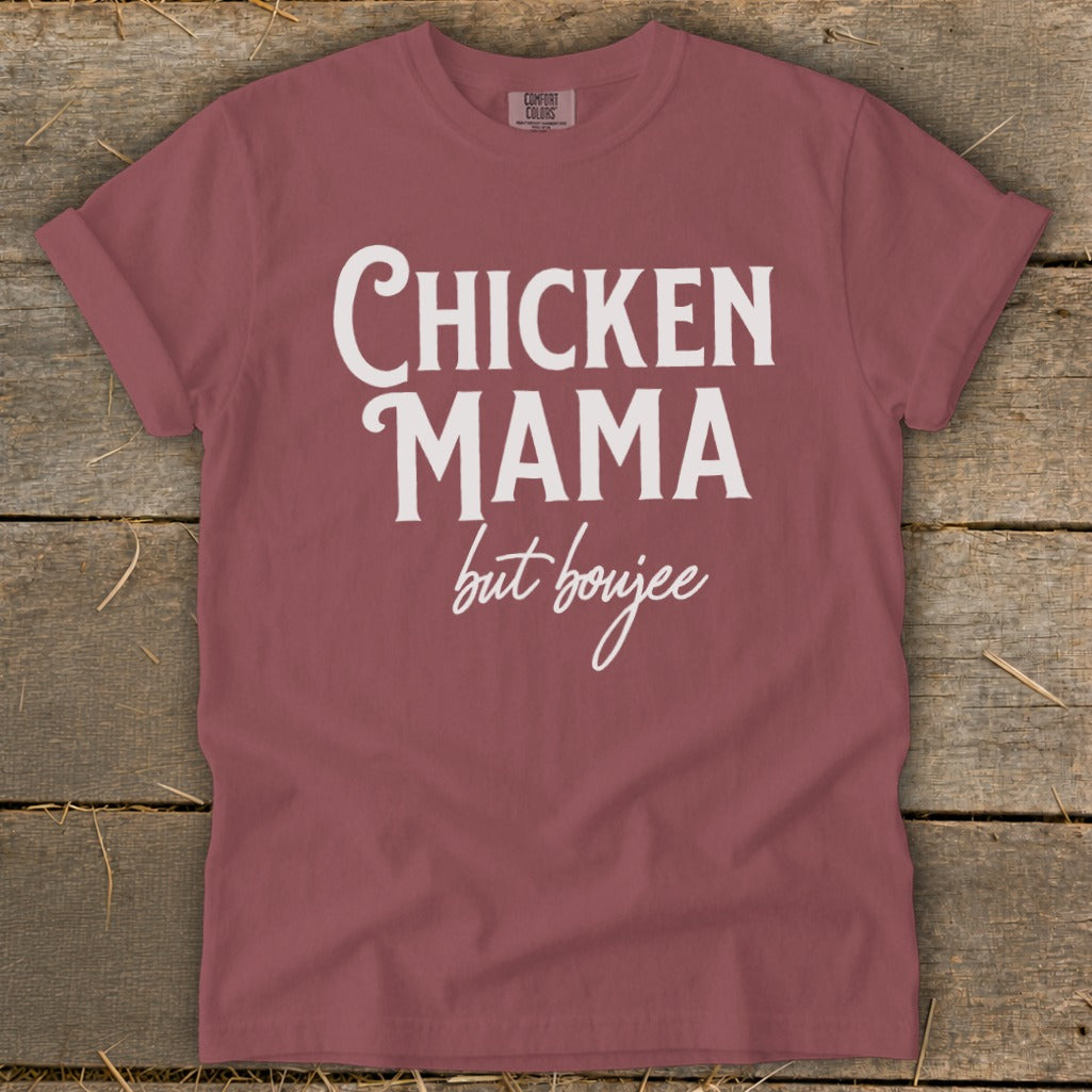 Dusty rose t-shirt with white text "CHICKEN MAMA but boujee".