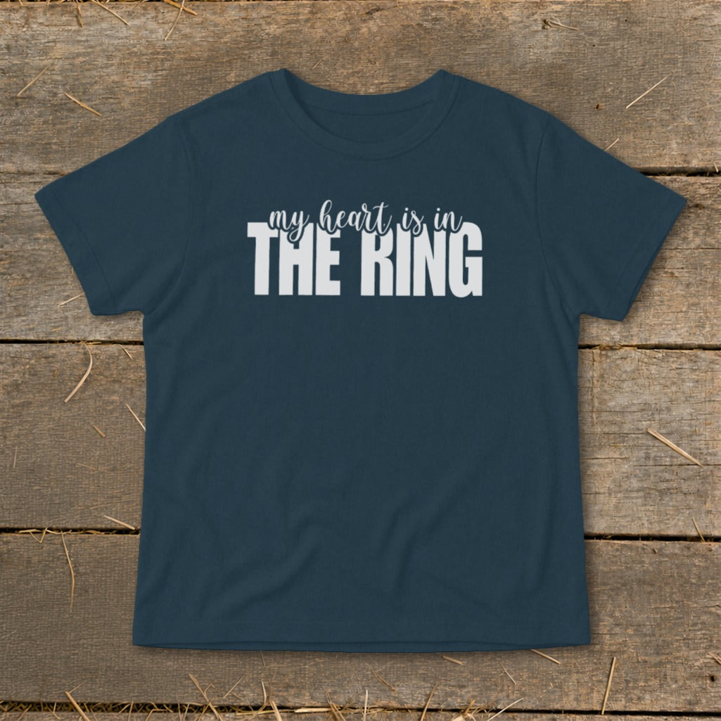 Navy t-shirt with white text "my heart is in THE RING".