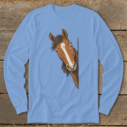 Light blue long-sleeve shirt with a brown horse peeking from the side.