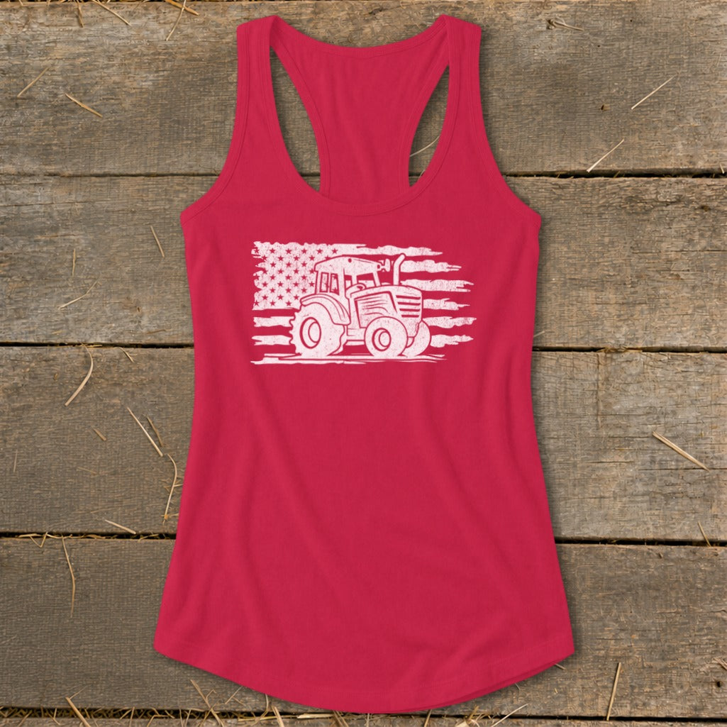Red tank top with distressed tractor and American flag graphic.