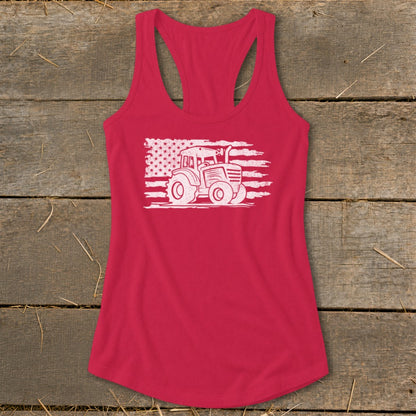 Red tank top with distressed tractor and American flag graphic.