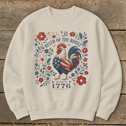 Crewneck sweatshirt with patriotic rooster graphic, "Ruler of the Roost Since 1776".