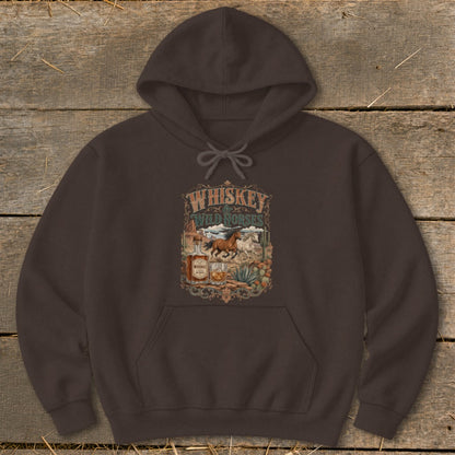 Brown hoodie with "Whiskey & Wild Horses" graphic featuring horses, whiskey bottle, and desert plants.