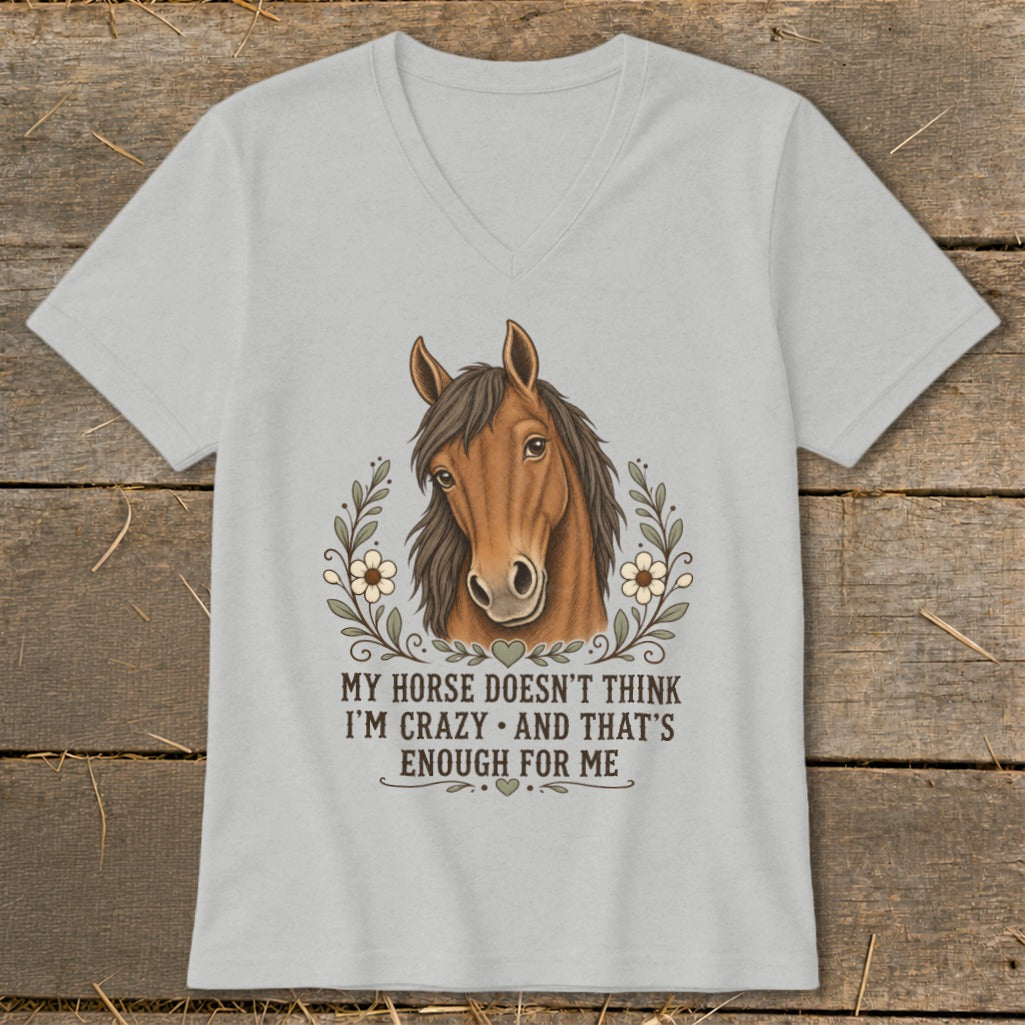 T-shirt with brown horse illustration, floral accents, and text.