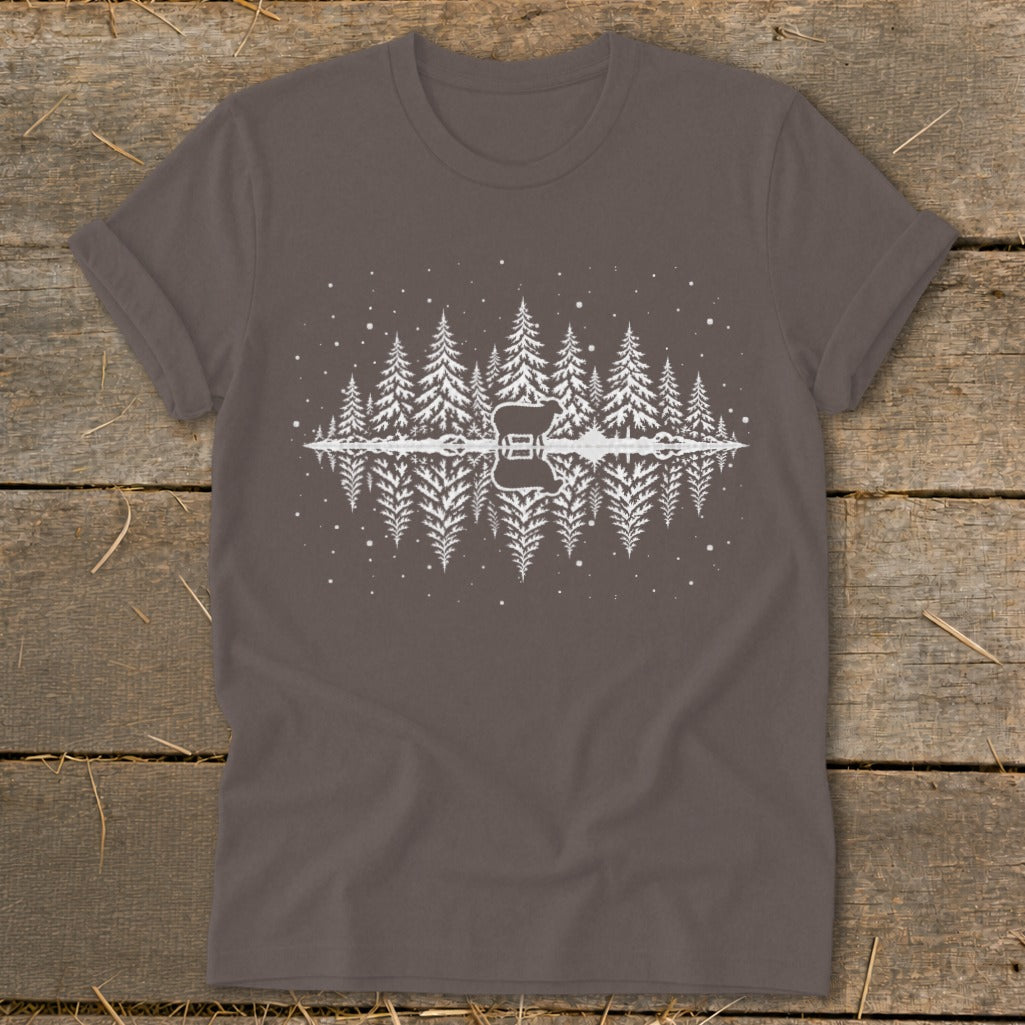 Brown t-shirt with white graphic of trees, a guitar, and reflections.