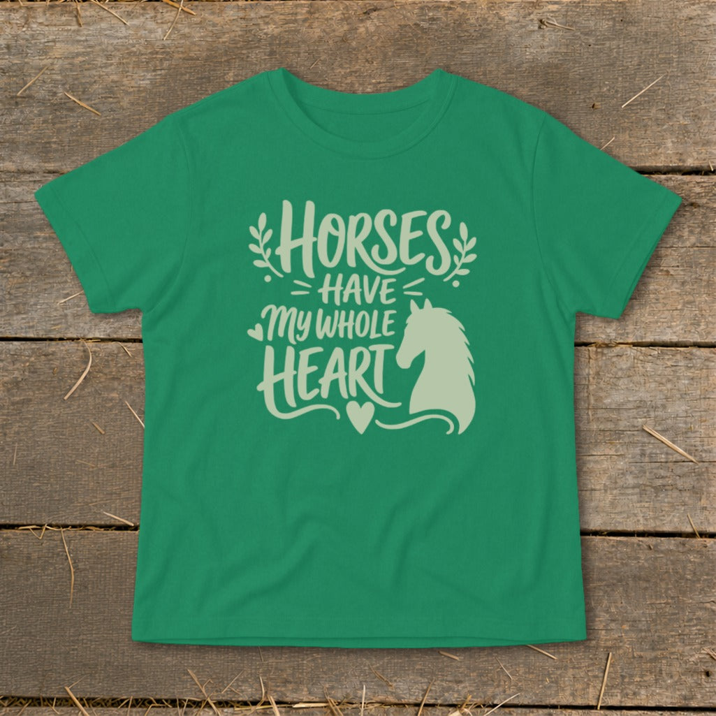 Green t-shirt with "Horses Have My Whole Heart" text and horse silhouette.
