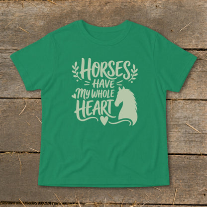 Green t-shirt with "Horses Have My Whole Heart" text and horse silhouette.