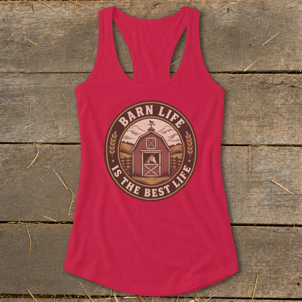 Women's red tank top with "Barn Life Is The Best Life" text and barn graphic.