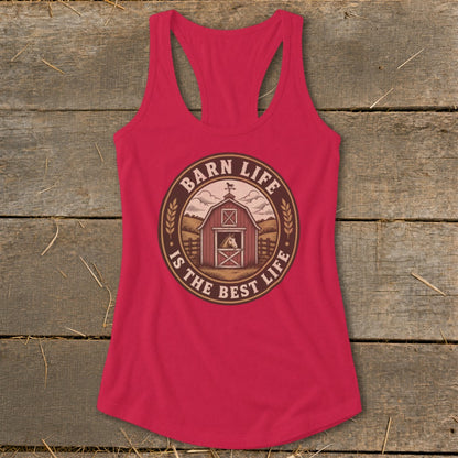 Women's red tank top with "Barn Life Is The Best Life" text and barn graphic.