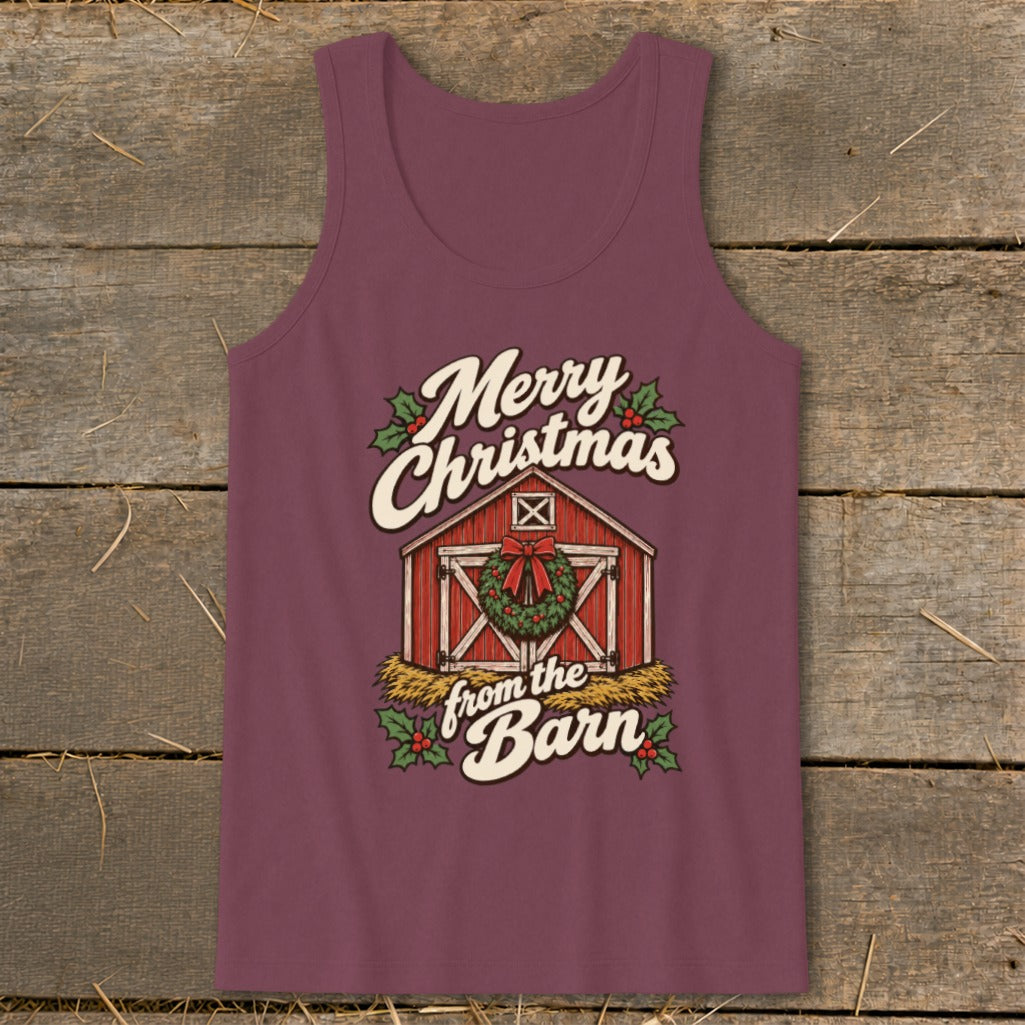 Burgundy tank top with "Merry Christmas from the Barn" text and barn graphic.