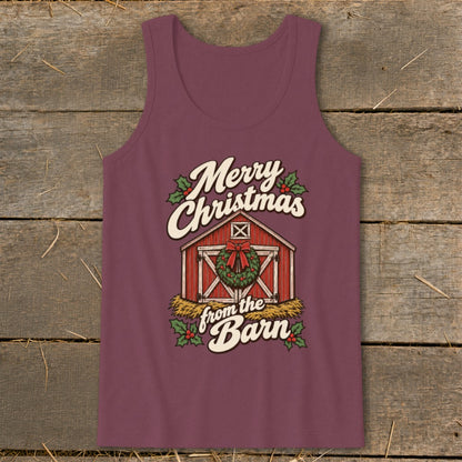Burgundy tank top with "Merry Christmas from the Barn" text and barn graphic.