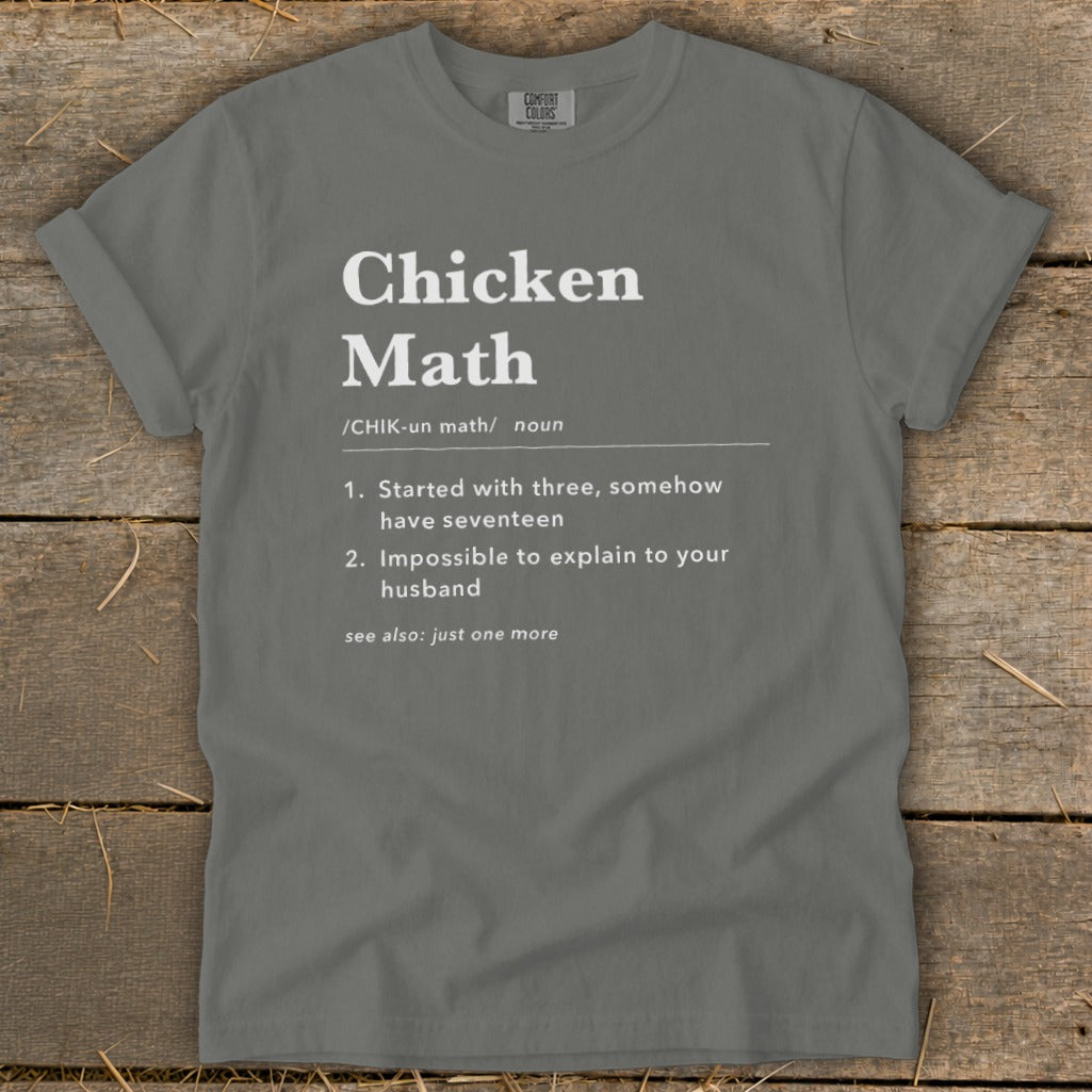 Grey t-shirt with white text defining "Chicken Math."