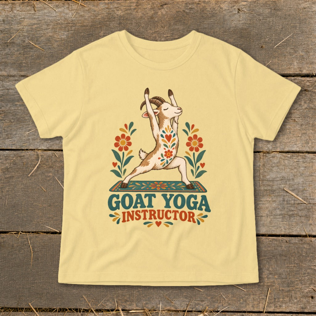Goat in yoga pose on mat with flowers, text "Goat Yoga Instructor."