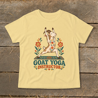 Goat in yoga pose on mat with flowers, text "Goat Yoga Instructor."