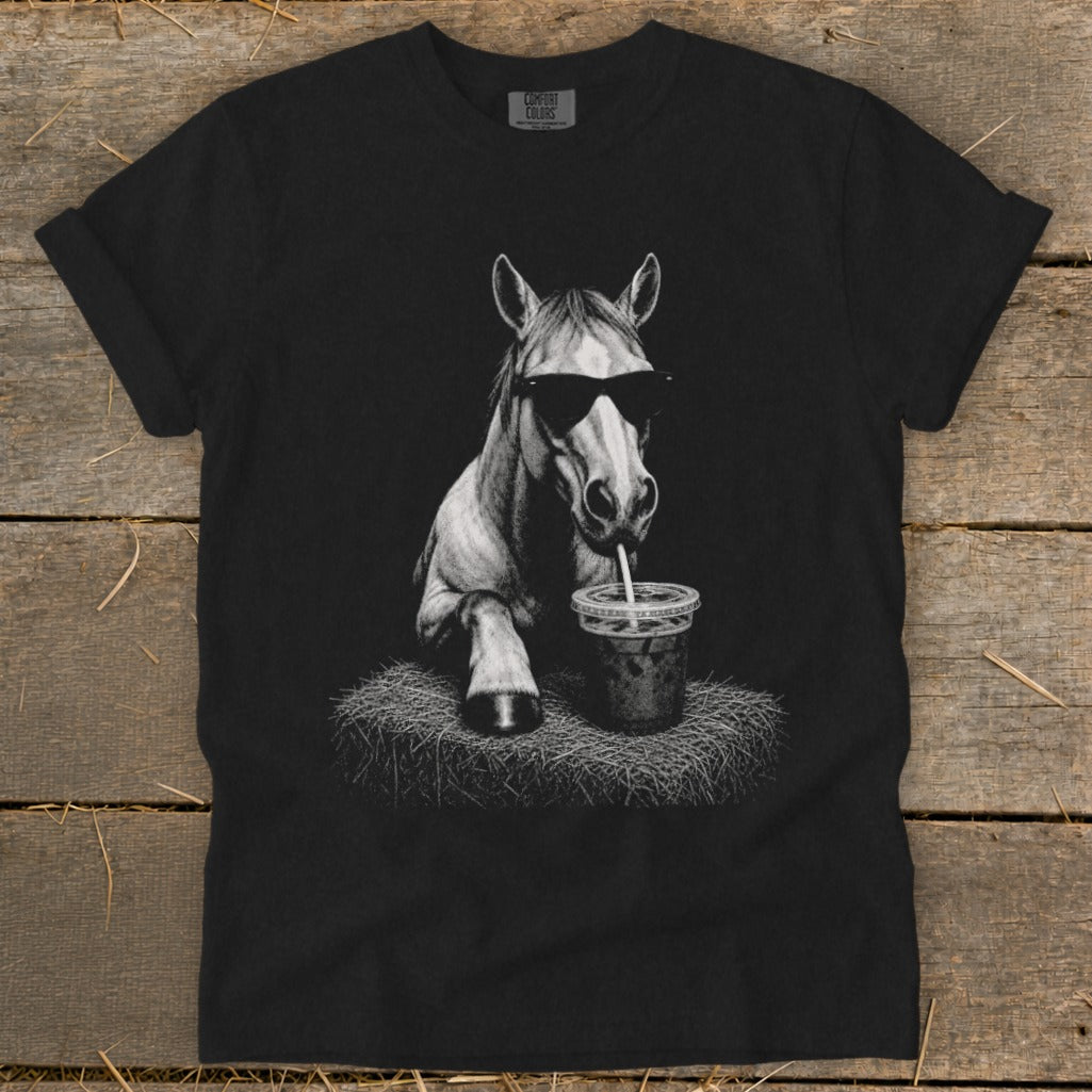 Black t-shirt with sketch of a horse wearing sunglasses drinking from a cup.