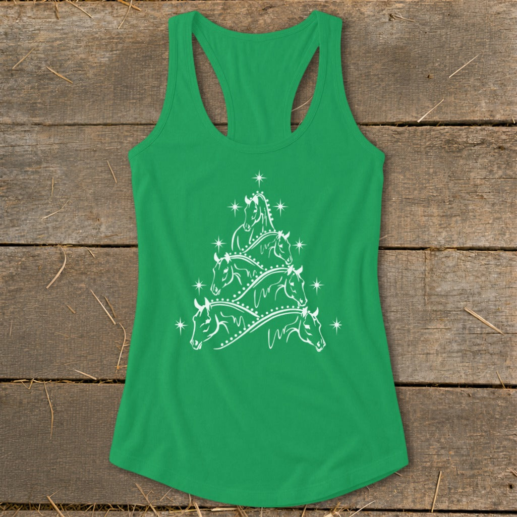 Green tank top with a white horse-shaped Christmas tree graphic and stars.