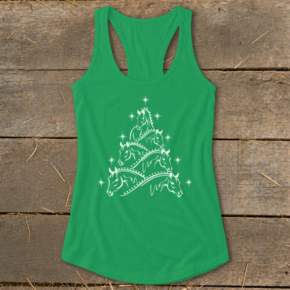 Green tank top with a white horse-shaped Christmas tree graphic and stars.