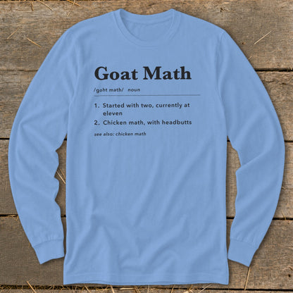 Light blue long-sleeve shirt with "Goat Math" dictionary definition.
