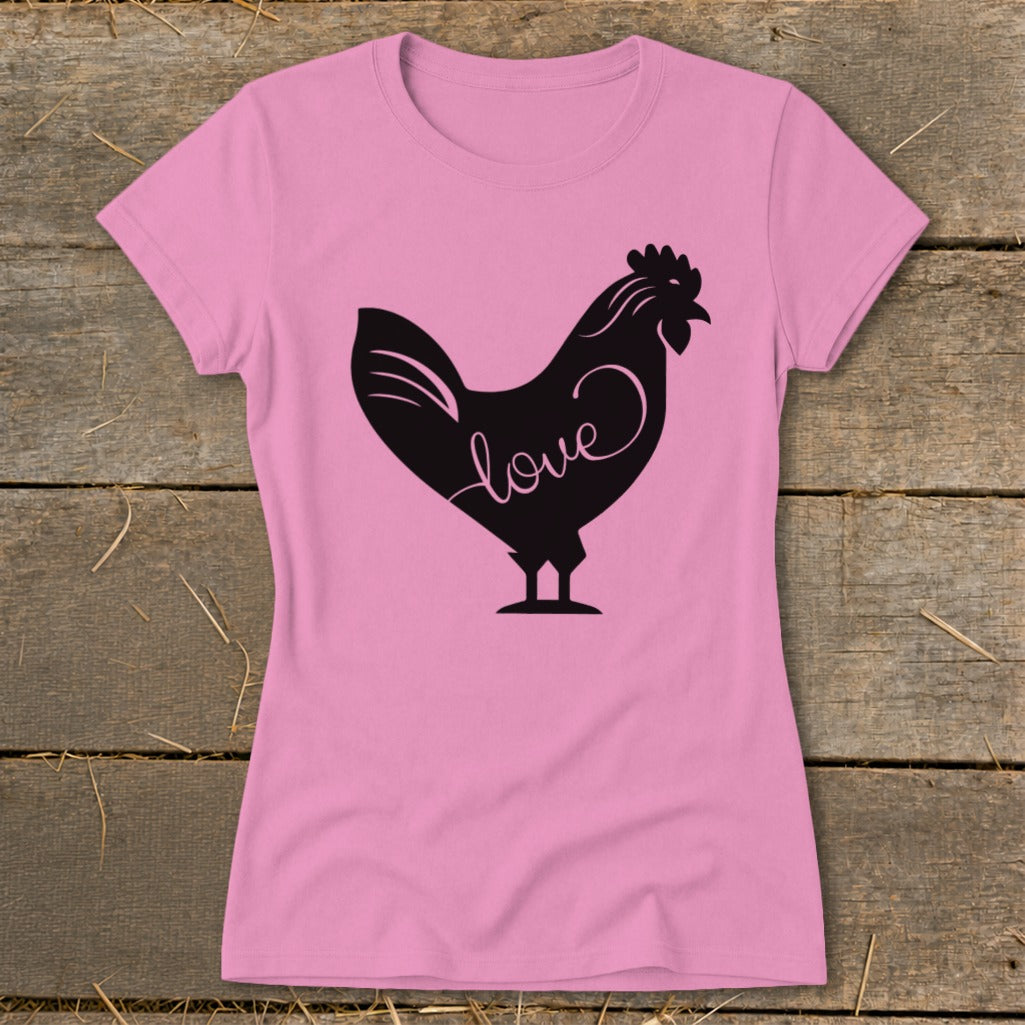 Pink t-shirt with a black silhouette of a rooster with the word "love" inside.