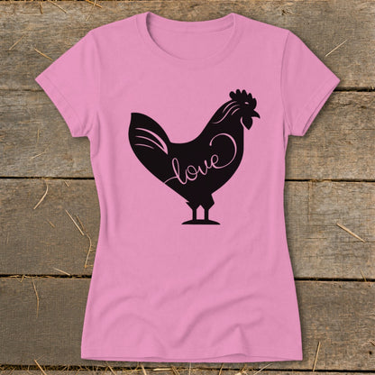 Pink t-shirt with a black silhouette of a rooster with the word "love" inside.