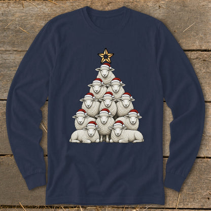 Christmas tree made of sheep wearing Santa hats, topped with a gold star.