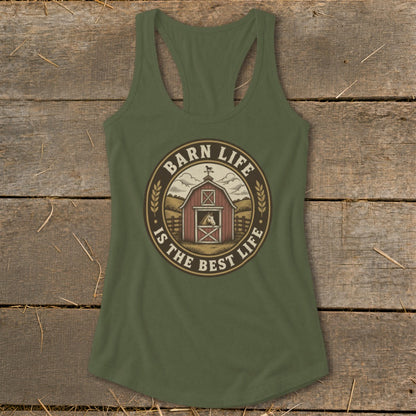 Green tank top with "Barn Life Is The Best Life" graphic and barn illustration.