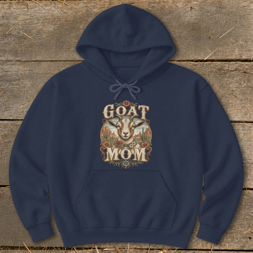 A dark blue hooded sweatshirt with Goat Mom graphic featuring a goat, flowers, and cacti.