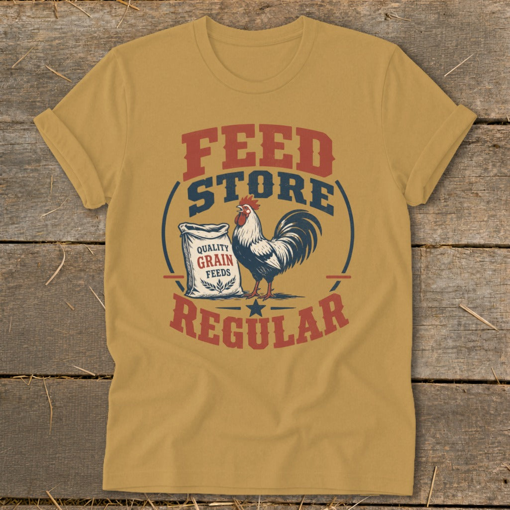 Gold t-shirt with "FEED STORE REGULAR" text, a rooster, and a bag of grain.
