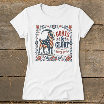 White t-shirt with goat design featuring "Goats & Glory Since 1776" text.