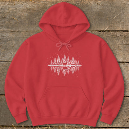 Red hoodie with white reflective forest and guitar silhouette graphic.