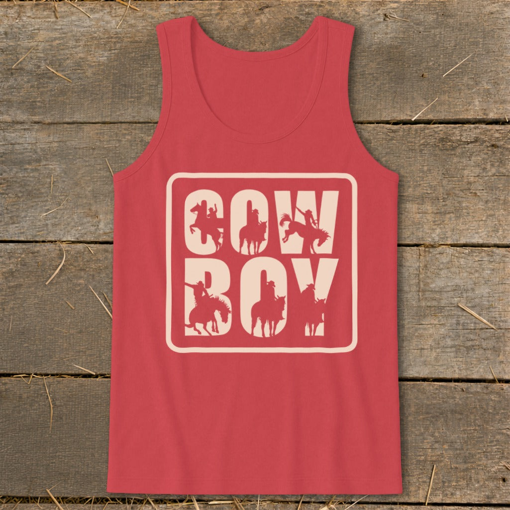 Red tank top with "COW BOY" text and cowboy silhouette graphics.