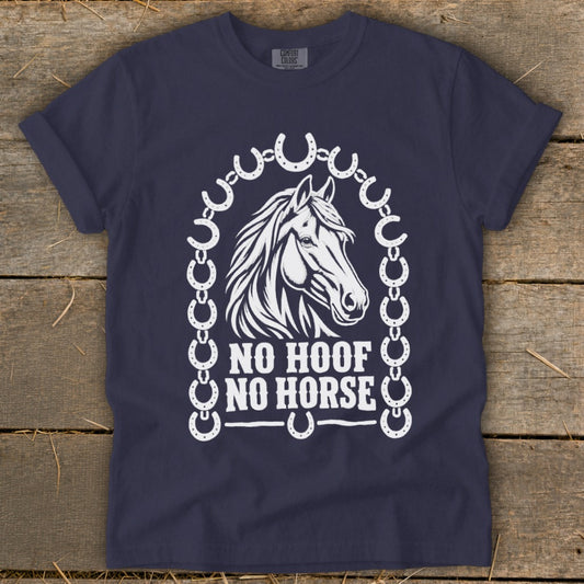 Navy t-shirt with white horse head graphic and "NO HOOF NO HORSE" text.