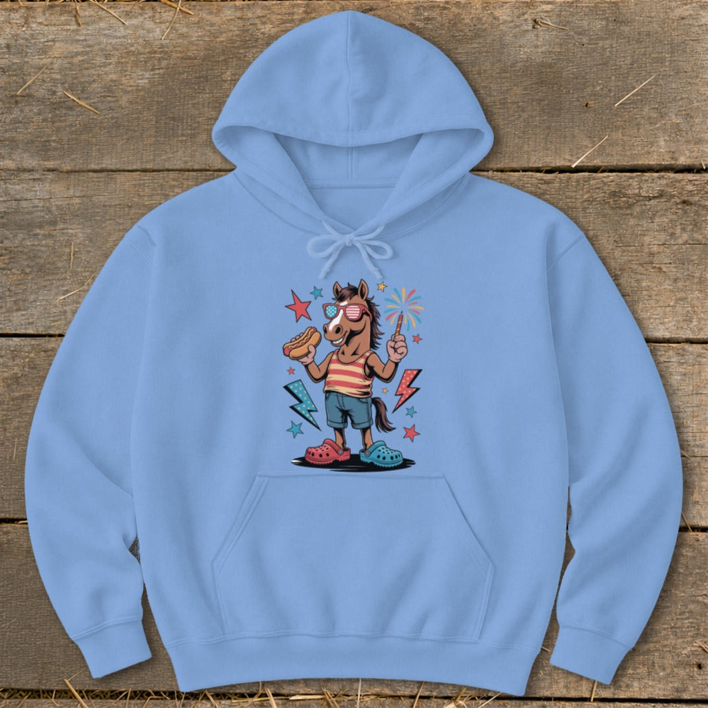 Light blue hoodie with a cartoon horse holding a hot dog and a sparkler.