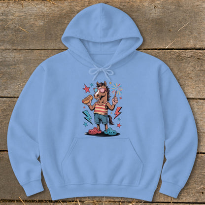 Light blue hoodie with a cartoon horse holding a hot dog and a sparkler.