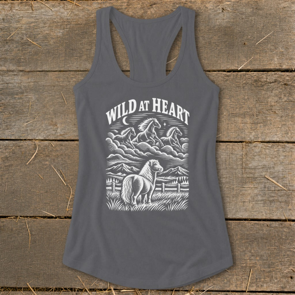 Gray tank top with "WILD AT HEART" text and horse graphic.
