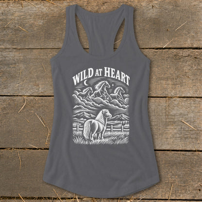 Gray tank top with "WILD AT HEART" text and horse graphic.