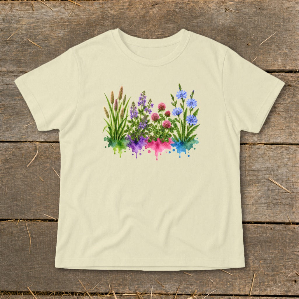 Cream-colored short-sleeve t-shirt with a central watercolor graphic of wildflowers and dripping colorful paint.