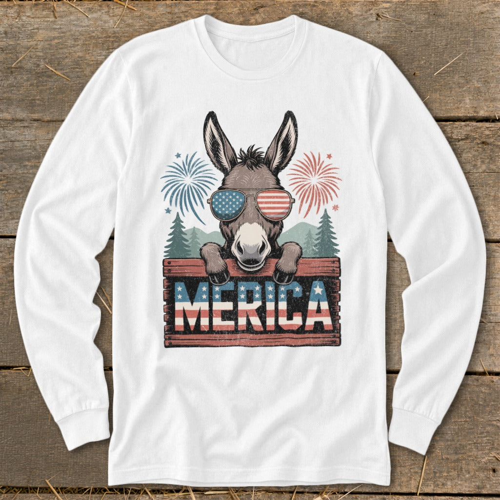Donkey wearing American flag sunglasses holds wooden sign with "MERICA".