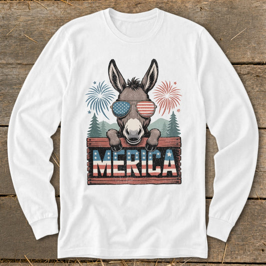 Donkey wearing American flag sunglasses holds wooden sign with "MERICA".
