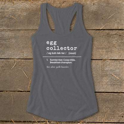 Gray tank top with "egg collector" definition including "sunrise riser," "coop ninja," and "yolk hustler."