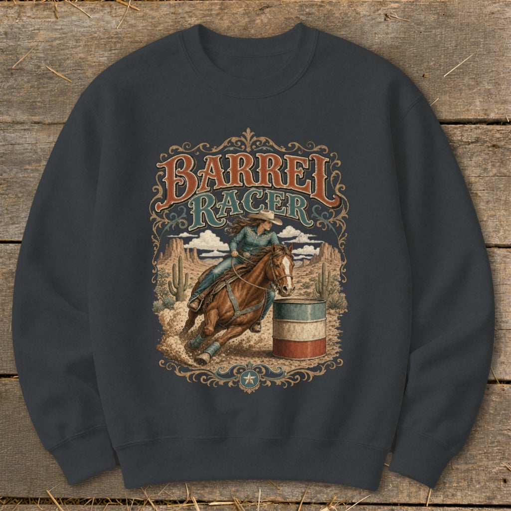 Barrel Racer graphic on a dark grey sweatshirt with a desert rodeo scene.