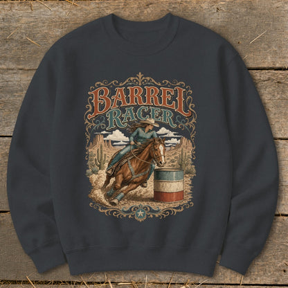 Barrel Racer graphic on a dark grey sweatshirt with a desert rodeo scene.