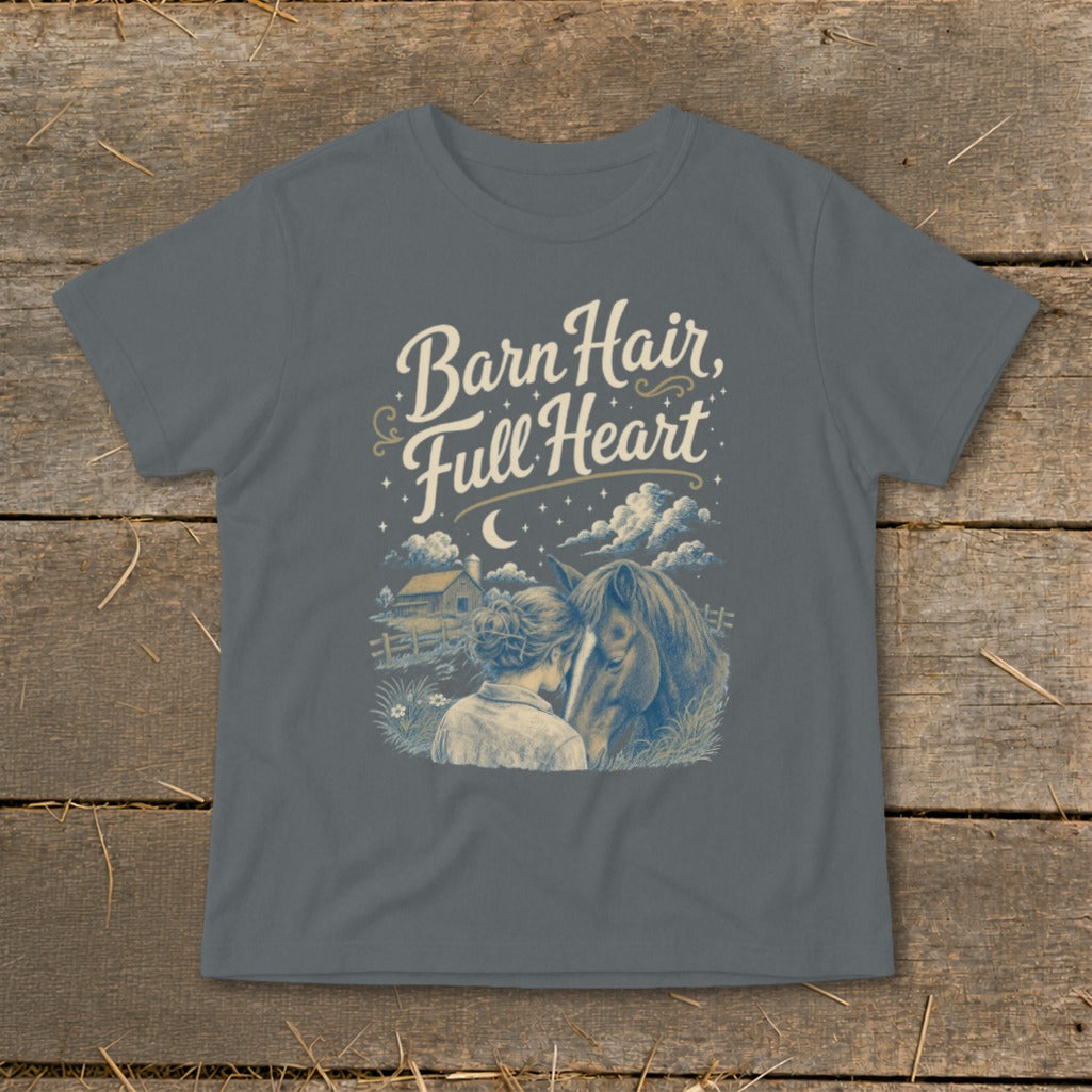 Barn Hair, Full Heart graphic with a girl and horse under a starry sky.