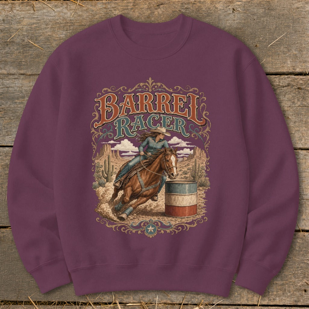 Barrel racer on a horse rounding a barrel in a desert landscape.