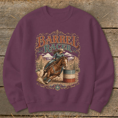 Barrel racer on a horse rounding a barrel in a desert landscape.