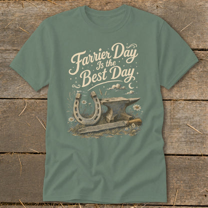 Green t-shirt with "Farrier Day Is the Best Day" text and horseshoe, anvil, and rasp illustration.