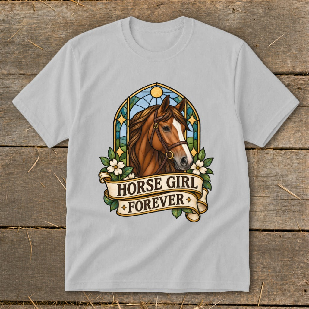 Brown horse portrait with "Horse Girl Forever" text on a light gray t-shirt.